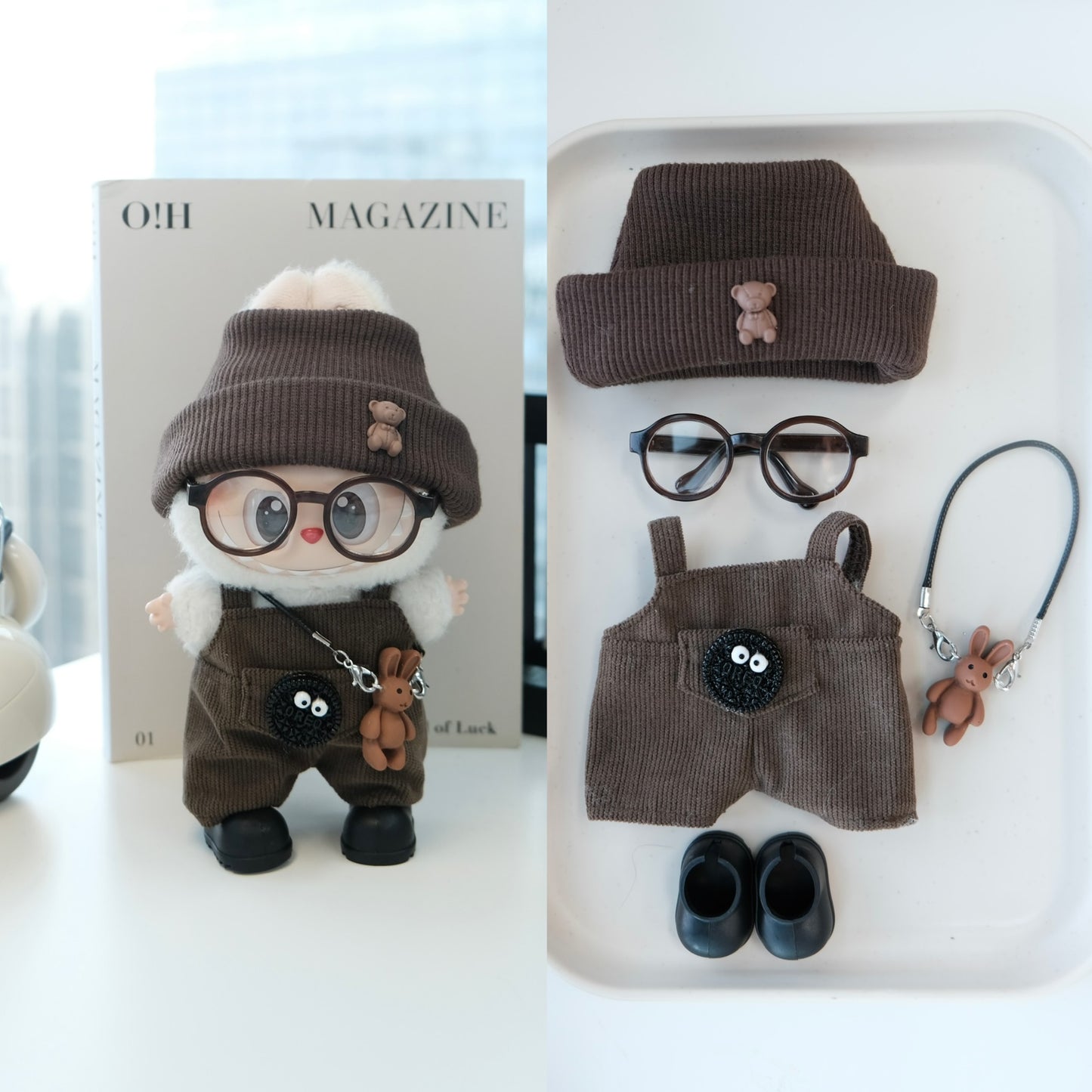 Brown Trendsetter Fashion Style Clothes for 15-17cm Labubu Doll, 6 Pcs Doll's Street Wear Outfits