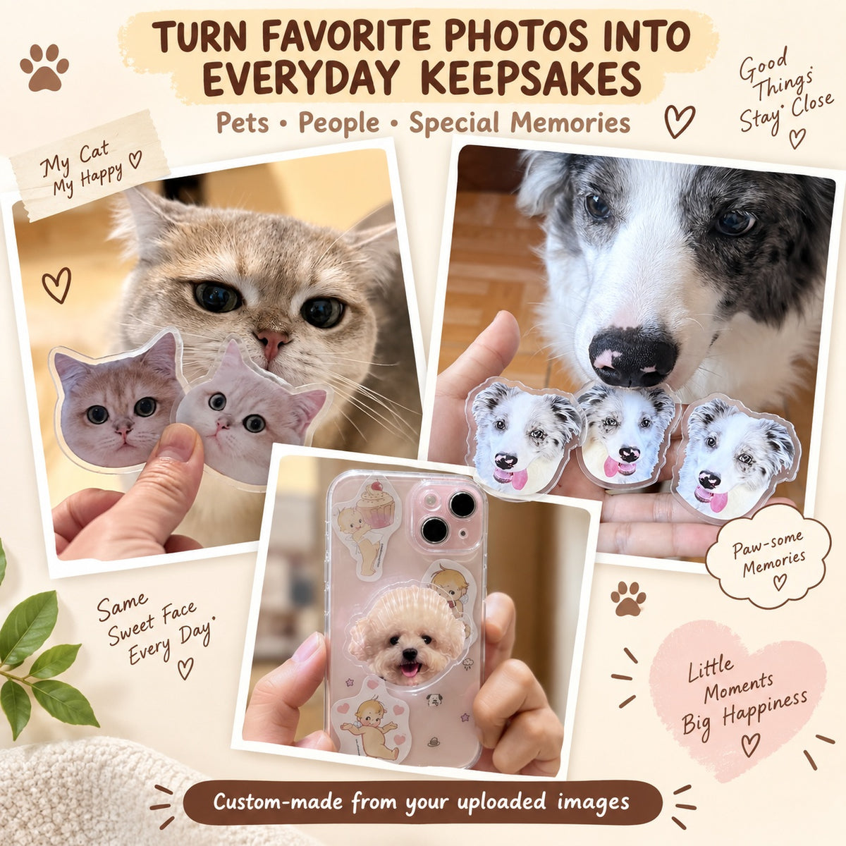 Personalized Photo Phone Grip Stand 3 Pack, Custom Pet or Person Picture Collapsible Phone Holder, Head Cutout or Upper Body Style, Adhesive Grip for Smooth Cases, Custom Gift