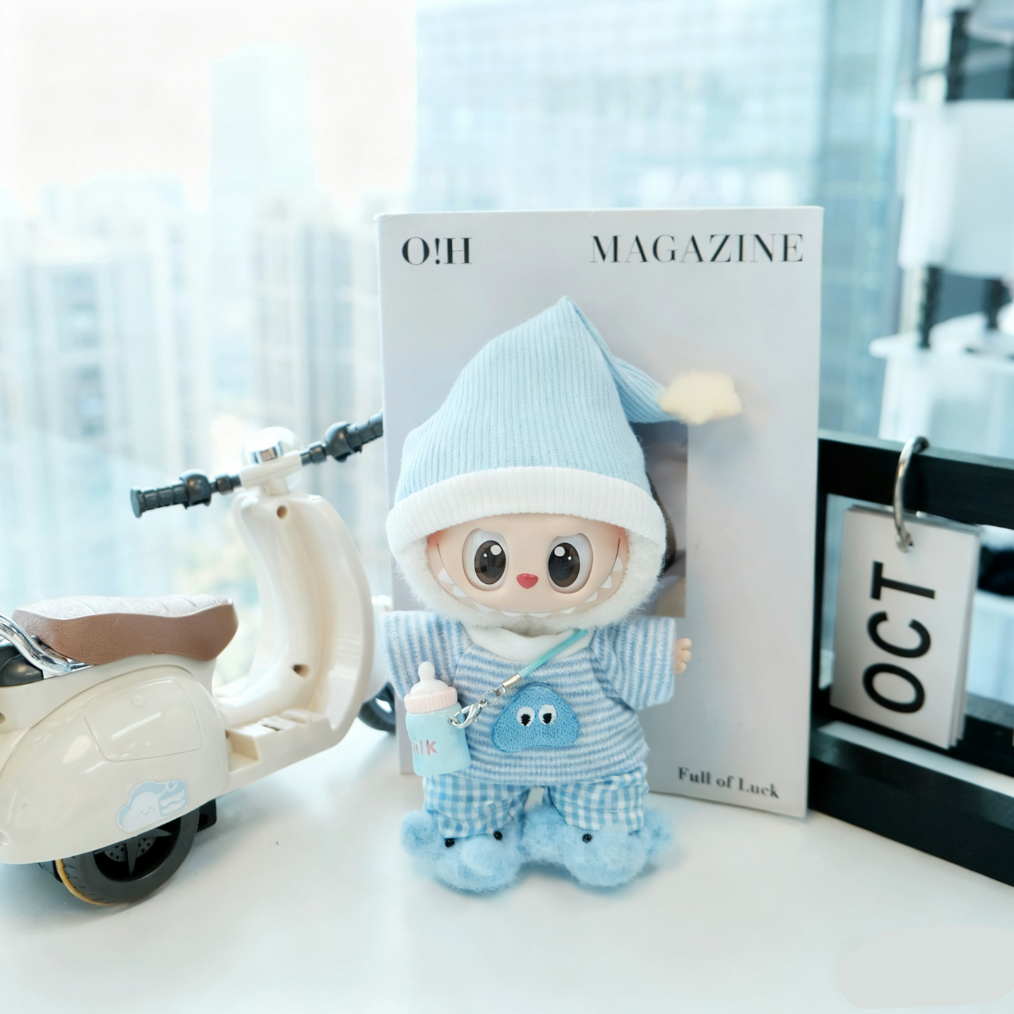 Blue Elephant Pajamas Clothes for 15-17cm Labubu Doll, 5 Pcs Doll's Street Wear Outfits