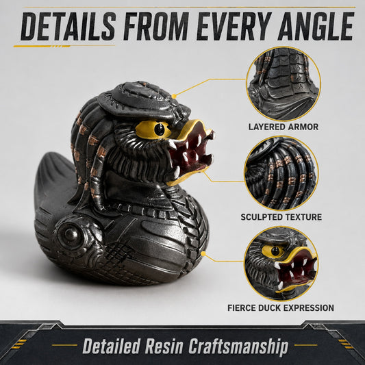 Sci-Fi Armored Hunter Duck Figurine, 2.76 Inch Resin Alien Warrior Duck Statue, Funny Fierce Duck Collectible for Desk Shelf Gaming Room Decor