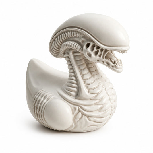 Biomechanical Space Creature Duck Figurine, Small Resin Sci-Fi Duck Statue in Black or White, Detailed Alien-Inspired Collectible for Desk Shelf Gaming Room Decor, Quirky Gift