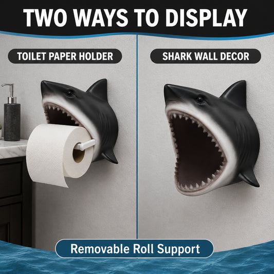 Shark Toilet Paper Holder Wall Mount, 3D-Printed PLA Bathroom Decor, No-Drill Adhesive Tissue Roll Holder, Nautical Coastal Home Accent
