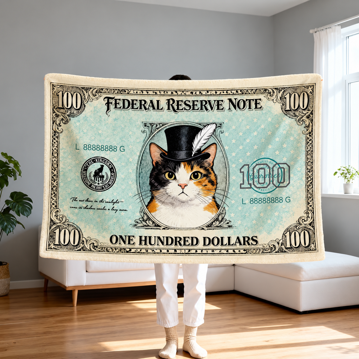 Cat and Dog Money Print Fleece Blanket, Novelty Pet Banknote Throw with 20+ Artwork Choices, Soft Cozy Blanket for Sofa, Bed and Travel