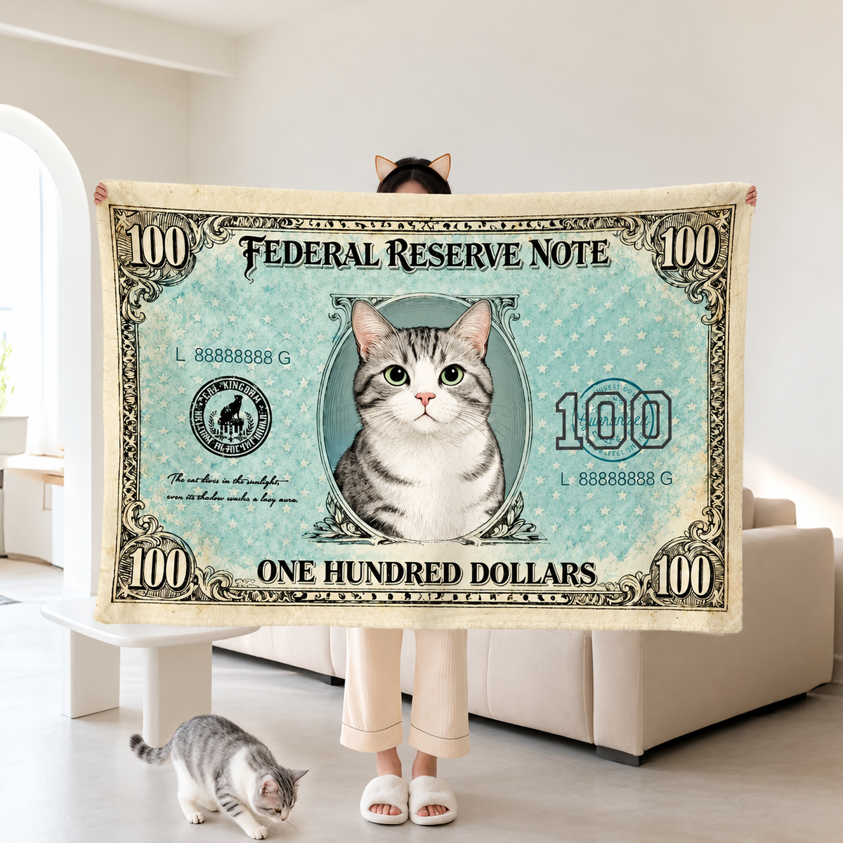 Cat and Dog Money Print Fleece Blanket, Novelty Pet Banknote Throw with 20+ Artwork Choices, Soft Cozy Blanket for Sofa, Bed and Travel