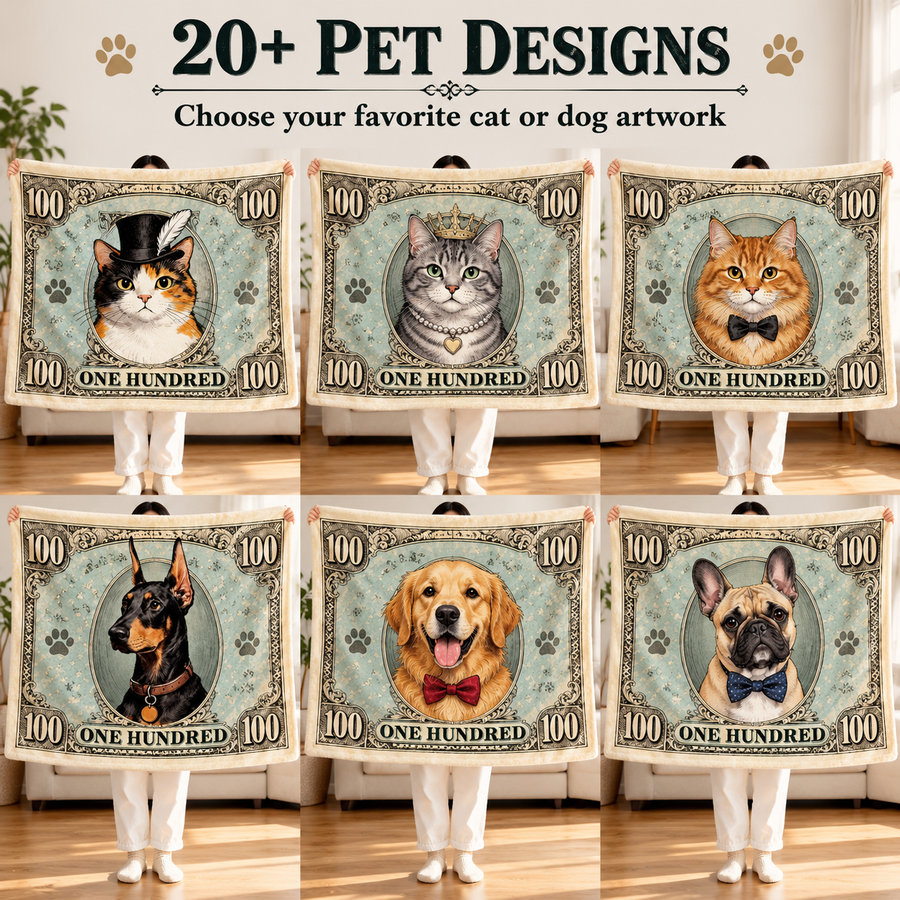 Cat and Dog Money Print Fleece Blanket, Novelty Pet Banknote Throw with 20+ Artwork Choices, Soft Cozy Blanket for Sofa, Bed and Travel