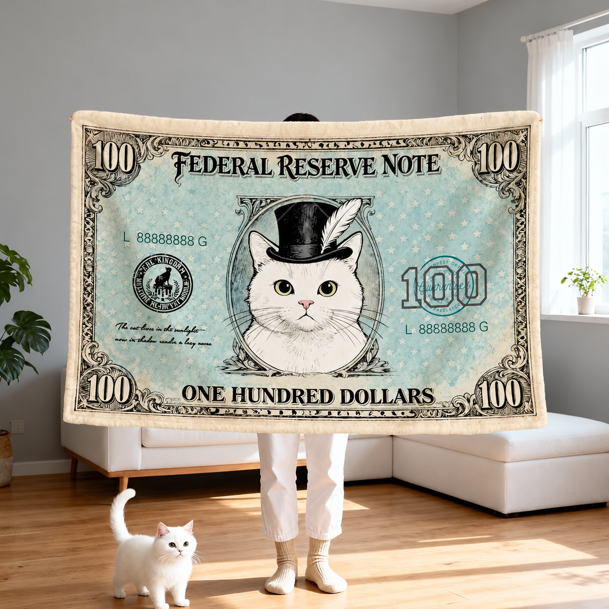 Cat and Dog Money Print Fleece Blanket, Novelty Pet Banknote Throw with 20+ Artwork Choices, Soft Cozy Blanket for Sofa, Bed and Travel