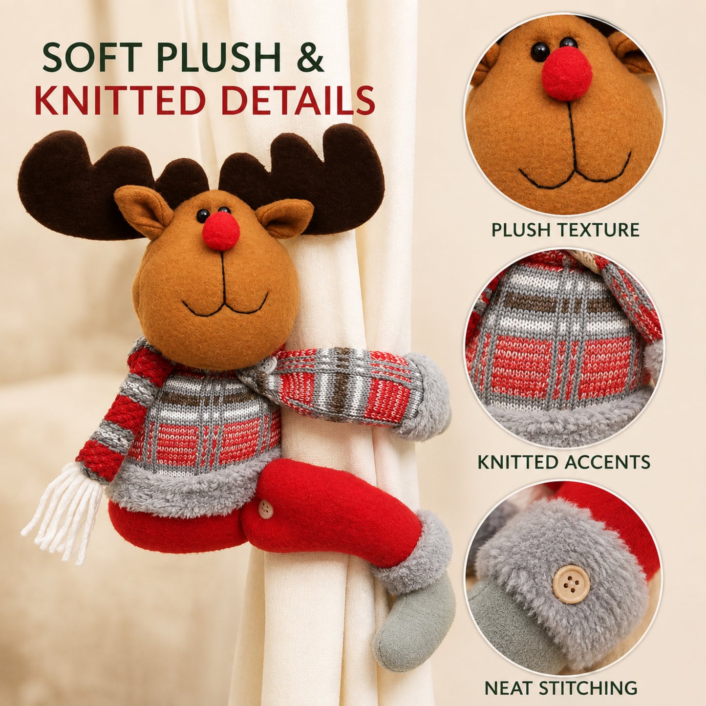 Elk Style Christmas Curtain Tiebacks, 2PCS Plush Holiday Curtain Holders with Wraparound Arms and Legs, No-Drill Festive Window Decorations