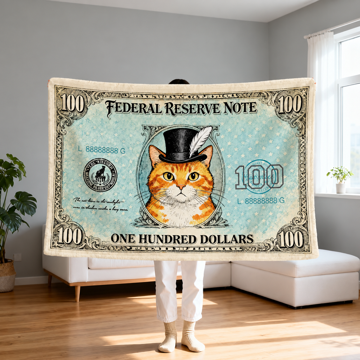 Cat and Dog Money Print Fleece Blanket, Novelty Pet Banknote Throw with 20+ Artwork Choices, Soft Cozy Blanket for Sofa, Bed and Travel