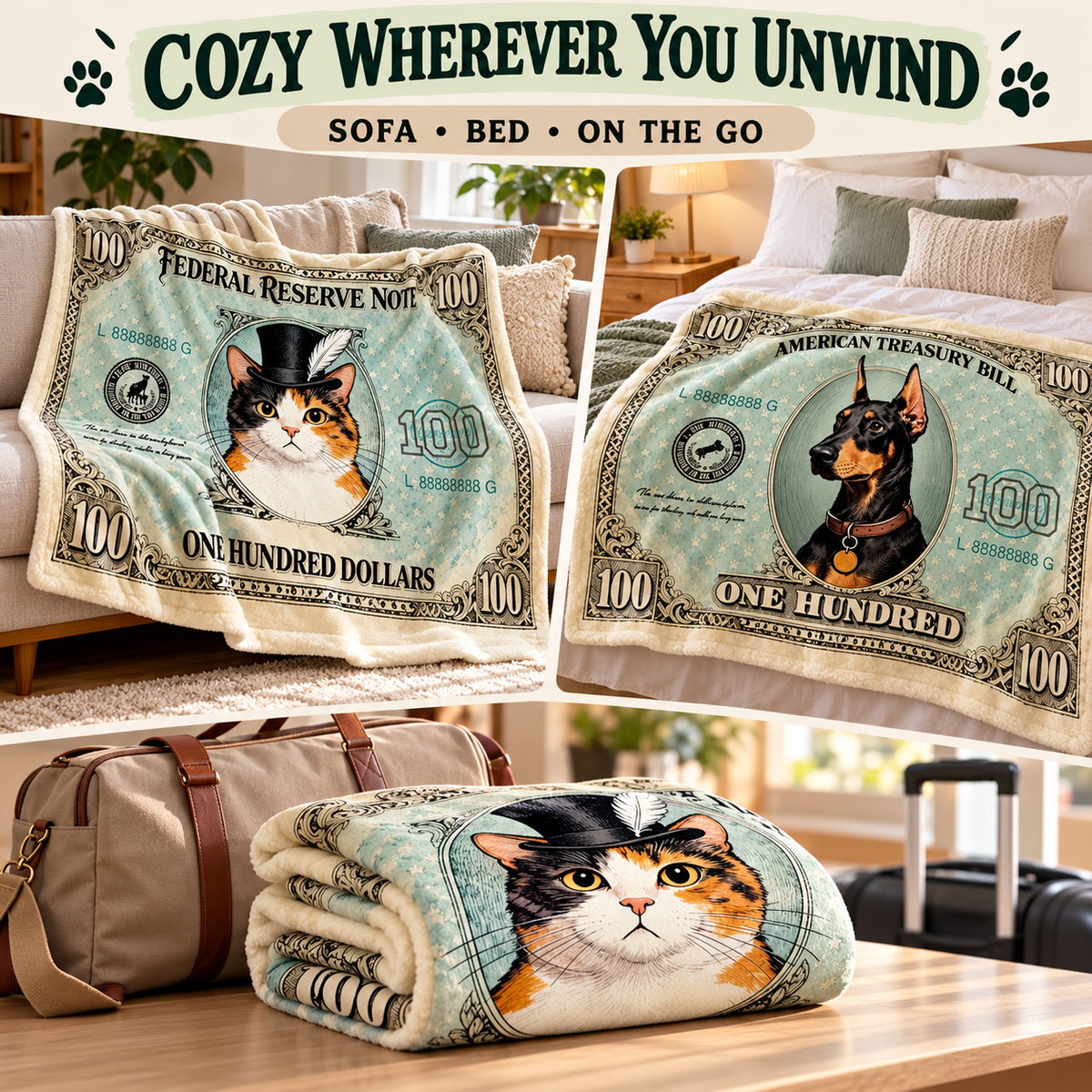 Cat and Dog Money Print Fleece Blanket, Novelty Pet Banknote Throw with 20+ Artwork Choices, Soft Cozy Blanket for Sofa, Bed and Travel