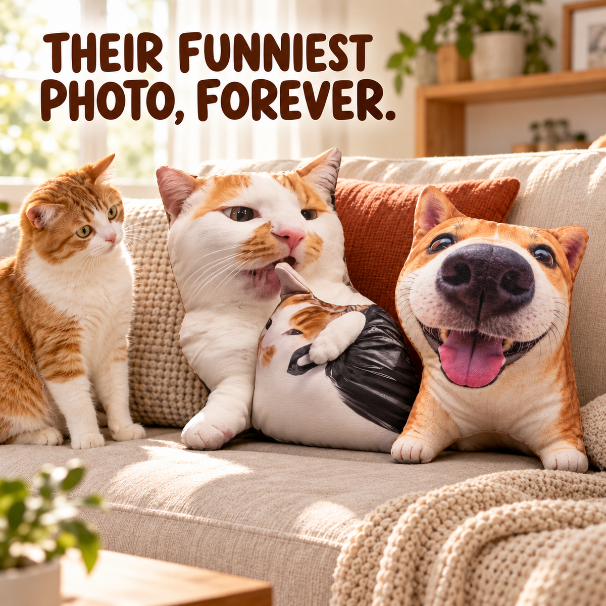 Custom Pet Photo Pillow, Personalized Funny Cat or Dog Shaped Cushion, Same Photo Printed on Both Sides, PP Cotton Filled, Sizes 7.9–27.6 in