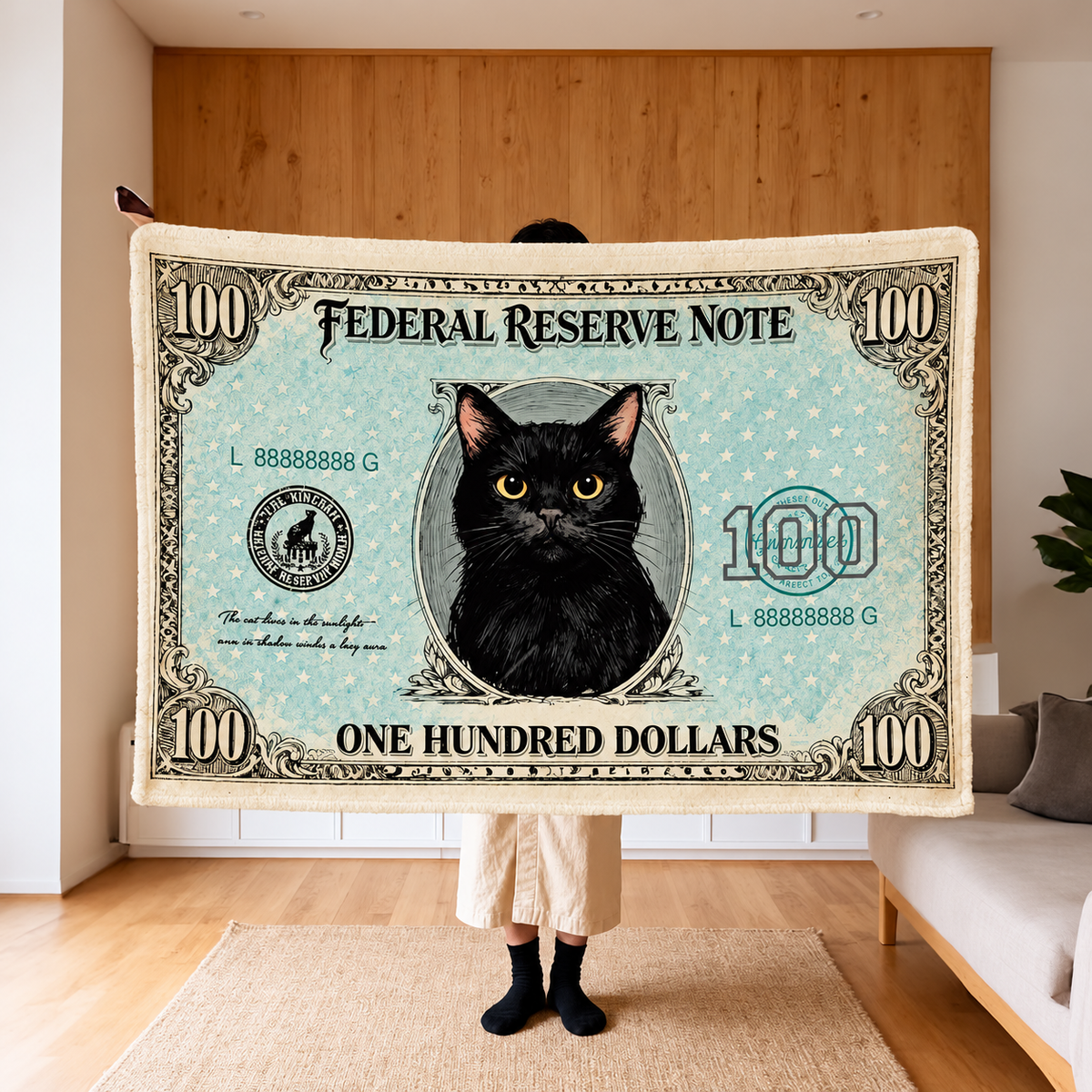 Cat and Dog Money Print Fleece Blanket, Novelty Pet Banknote Throw with 20+ Artwork Choices, Soft Cozy Blanket for Sofa, Bed and Travel