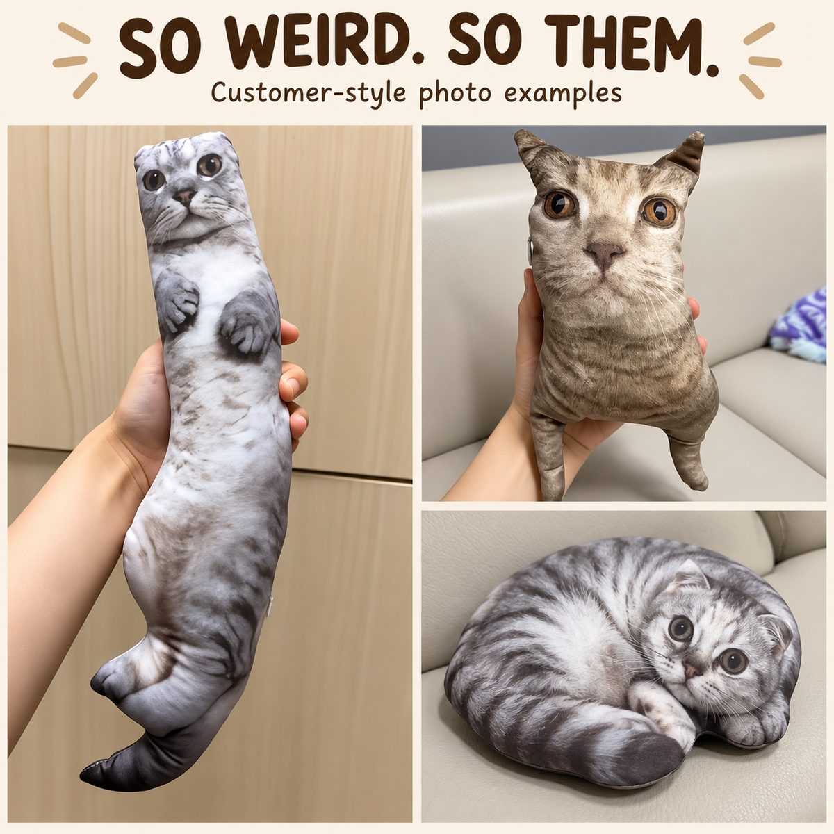 Custom Pet Photo Pillow, Personalized Funny Cat or Dog Shaped Cushion, Same Photo Printed on Both Sides, PP Cotton Filled, Sizes 7.9–27.6 in