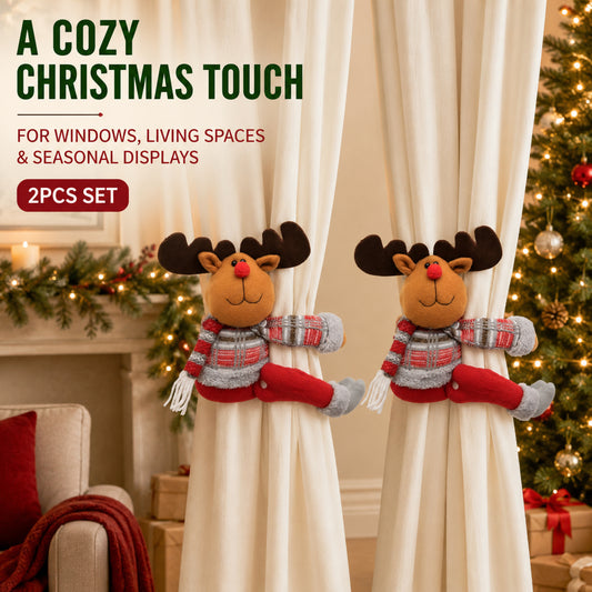 Elk Style Christmas Curtain Tiebacks, 2PCS Plush Holiday Curtain Holders with Wraparound Arms and Legs, No-Drill Festive Window Decorations