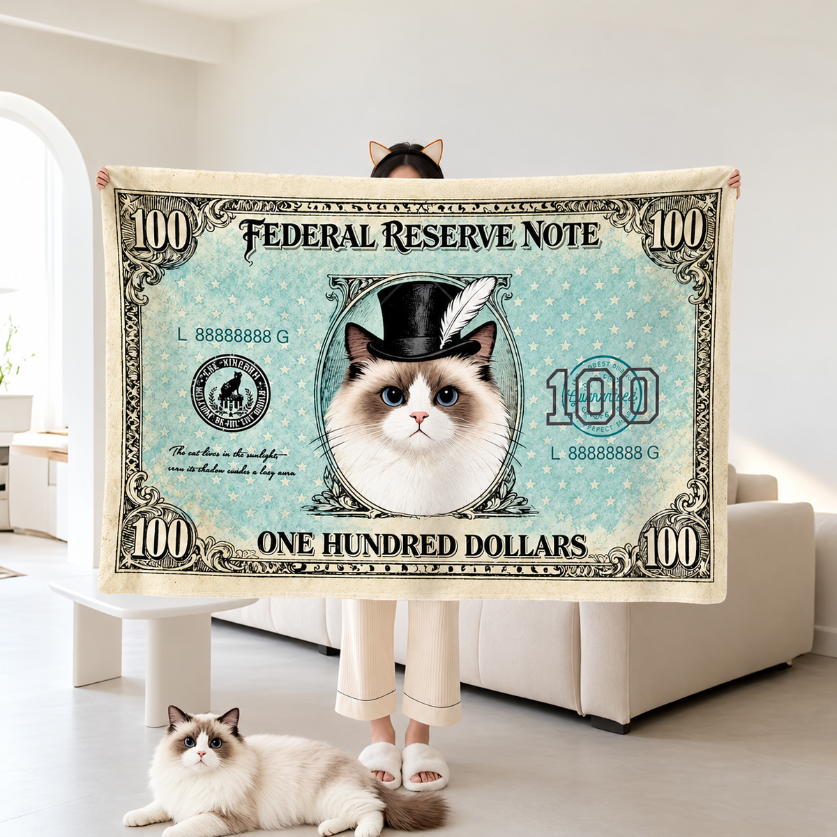 Cat and Dog Money Print Fleece Blanket, Novelty Pet Banknote Throw with 20+ Artwork Choices, Soft Cozy Blanket for Sofa, Bed and Travel