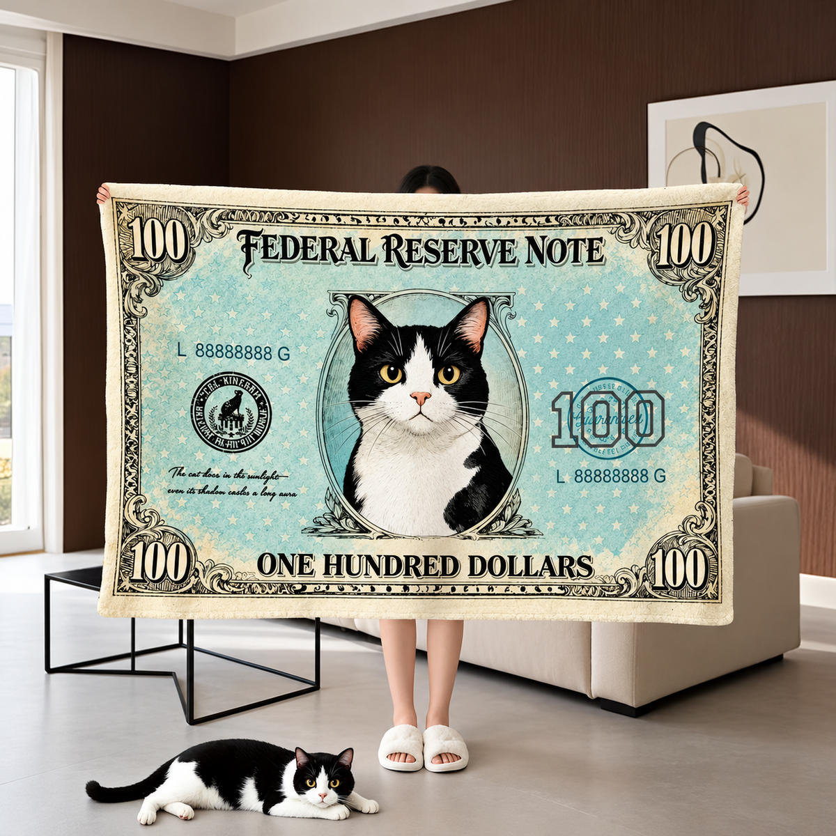 Cat and Dog Money Print Fleece Blanket, Novelty Pet Banknote Throw with 20+ Artwork Choices, Soft Cozy Blanket for Sofa, Bed and Travel
