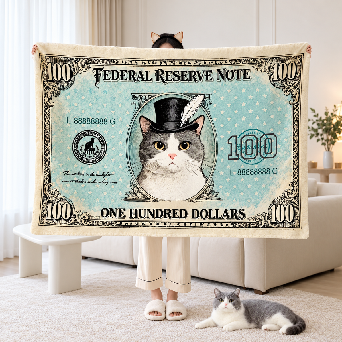 Cat and Dog Money Print Fleece Blanket, Novelty Pet Banknote Throw with 20+ Artwork Choices, Soft Cozy Blanket for Sofa, Bed and Travel