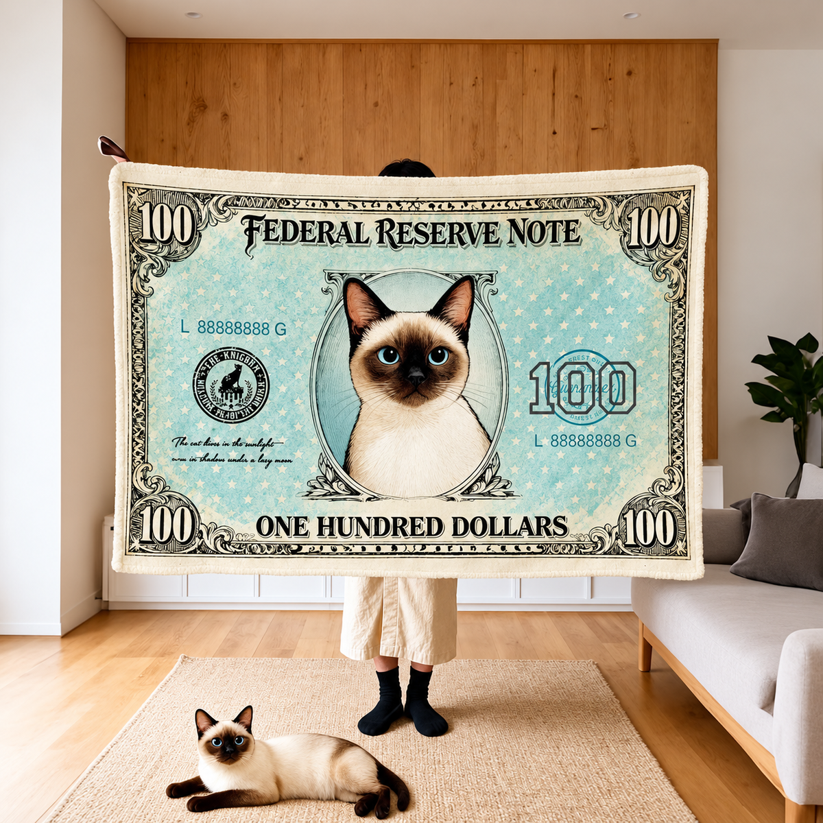 Cat and Dog Money Print Fleece Blanket, Novelty Pet Banknote Throw with 20+ Artwork Choices, Soft Cozy Blanket for Sofa, Bed and Travel