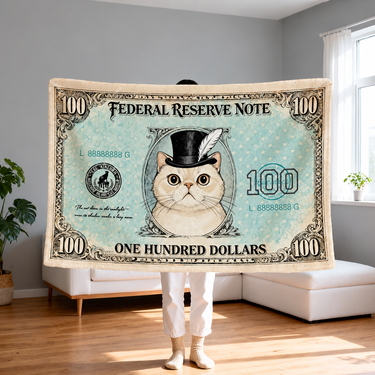 Cat and Dog Money Print Fleece Blanket, Novelty Pet Banknote Throw with 20+ Artwork Choices, Soft Cozy Blanket for Sofa, Bed and Travel