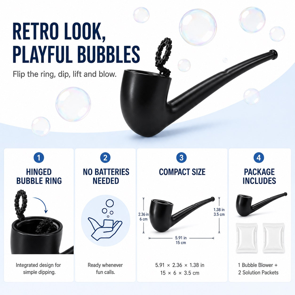 Pipe-Shaped Bubble Blower with 2 Bubble Solution Packets, Reusable Flip-Ring Bubble Maker, Novelty Stress Relief Desk Gadget and Gag Gift for Parties, White Elephant, 5.9 Inch