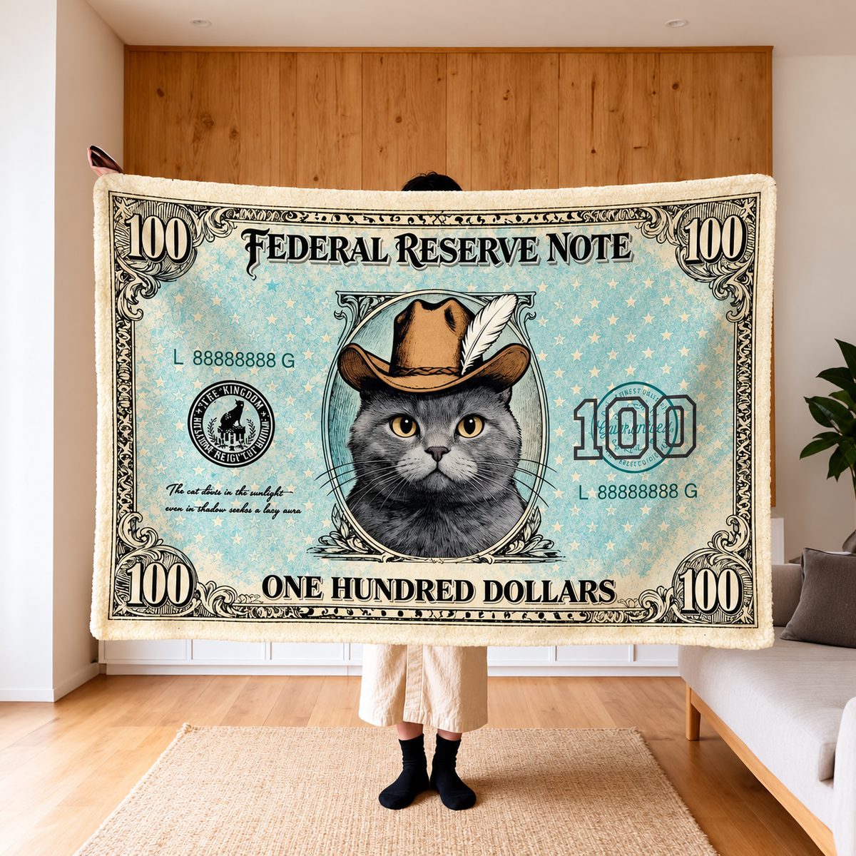 Cat and Dog Money Print Fleece Blanket, Novelty Pet Banknote Throw with 20+ Artwork Choices, Soft Cozy Blanket for Sofa, Bed and Travel