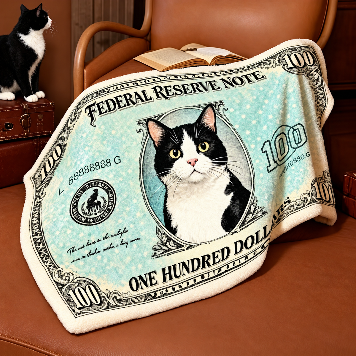 Cat and Dog Money Print Fleece Blanket, Novelty Pet Banknote Throw with 20+ Artwork Choices, Soft Cozy Blanket for Sofa, Bed and Travel