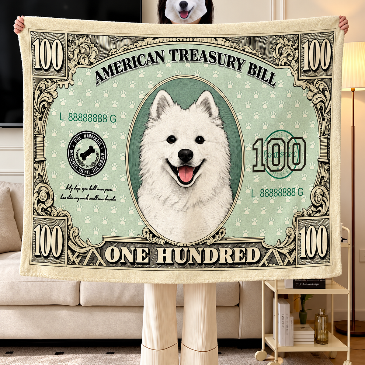 Cat and Dog Money Print Fleece Blanket, Novelty Pet Banknote Throw with 20+ Artwork Choices, Soft Cozy Blanket for Sofa, Bed and Travel