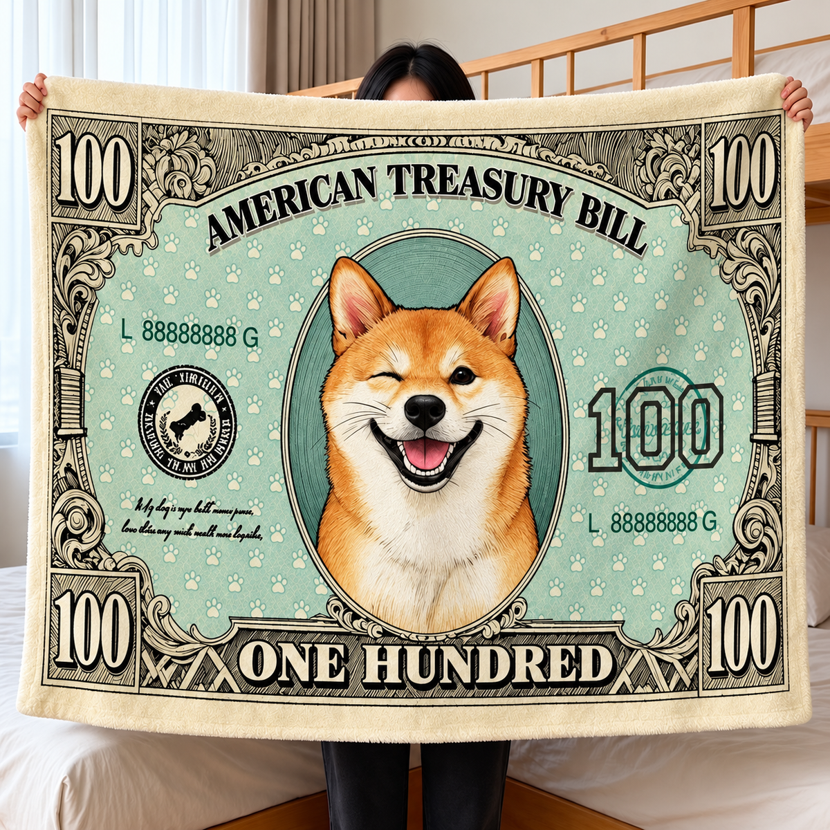 Cat and Dog Money Print Fleece Blanket, Novelty Pet Banknote Throw with 20+ Artwork Choices, Soft Cozy Blanket for Sofa, Bed and Travel