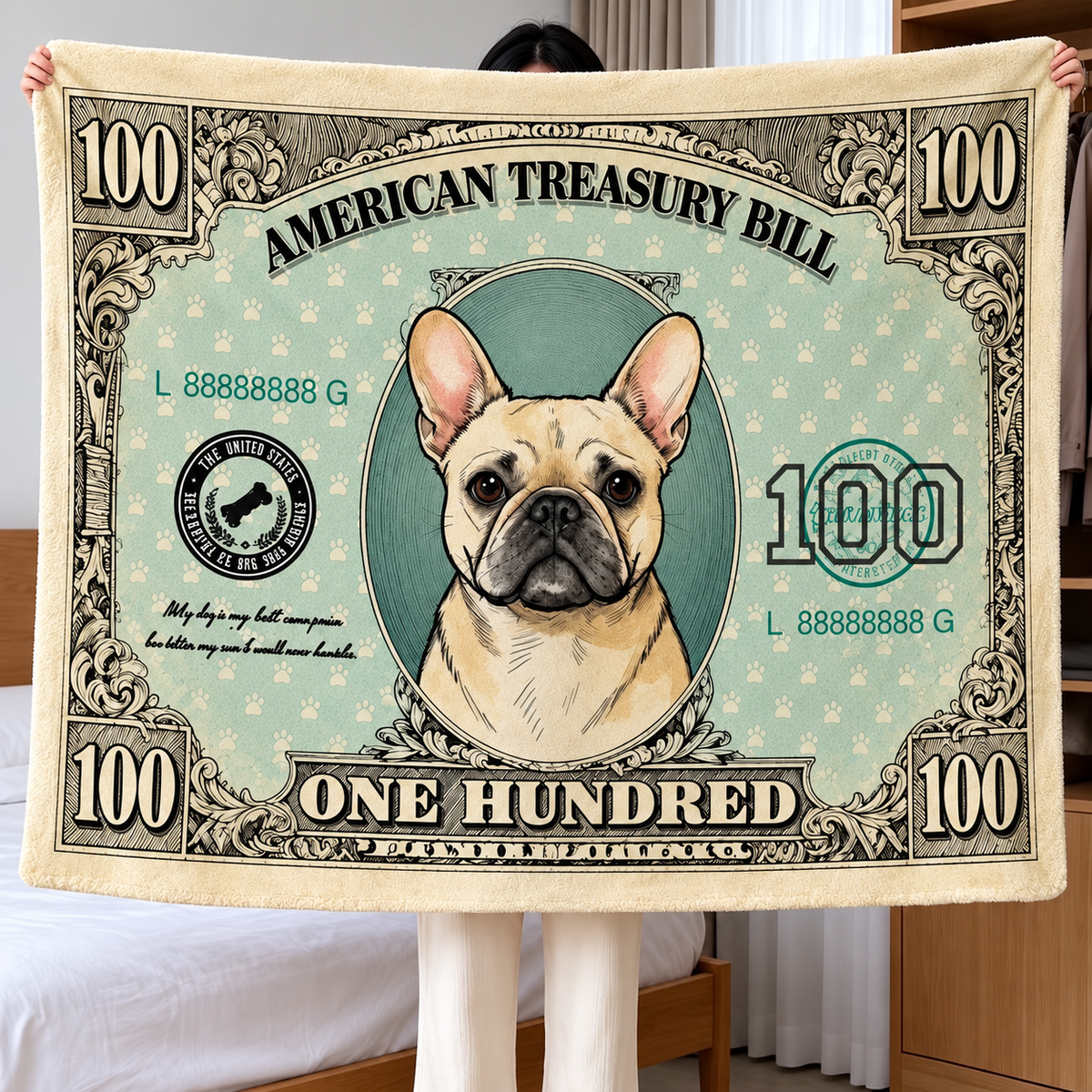 Cat and Dog Money Print Fleece Blanket, Novelty Pet Banknote Throw with 20+ Artwork Choices, Soft Cozy Blanket for Sofa, Bed and Travel