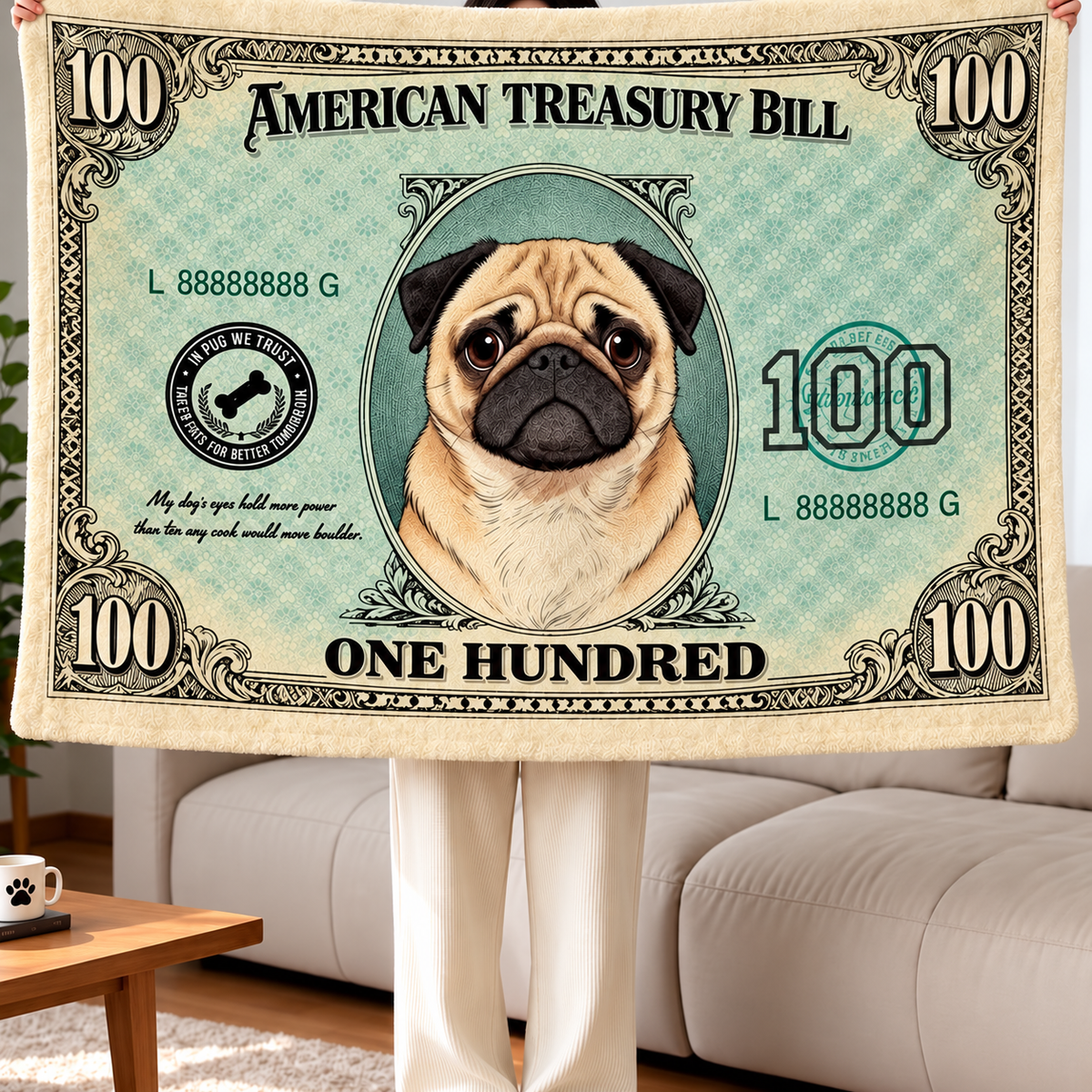 Cat and Dog Money Print Fleece Blanket, Novelty Pet Banknote Throw with 20+ Artwork Choices, Soft Cozy Blanket for Sofa, Bed and Travel