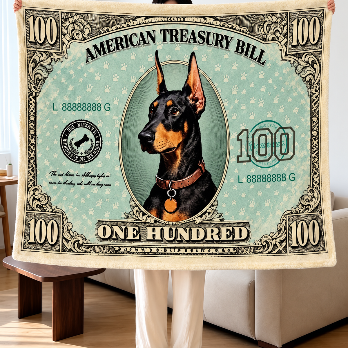 Cat and Dog Money Print Fleece Blanket, Novelty Pet Banknote Throw with 20+ Artwork Choices, Soft Cozy Blanket for Sofa, Bed and Travel