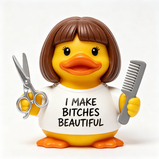 Funny Hairstylist Rubber Duck Style Resin Figurine - "I Make Bitches Beautiful" Hair Stylist Desk Decor & Salon Decor - Cute Hairdresser Cosmetologist Gift for Women, Barber Shop Decor, 3.35 Inch