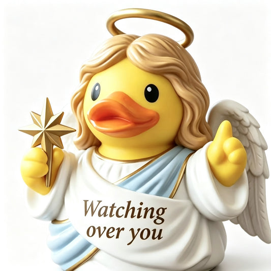 Guardian Angel Rubber Duck Figurine, 3.5" Religious Resin Statue with "Watching Over You", Cute Christian Home Decor for Nightstand Desk, Baptism Birthday Gift