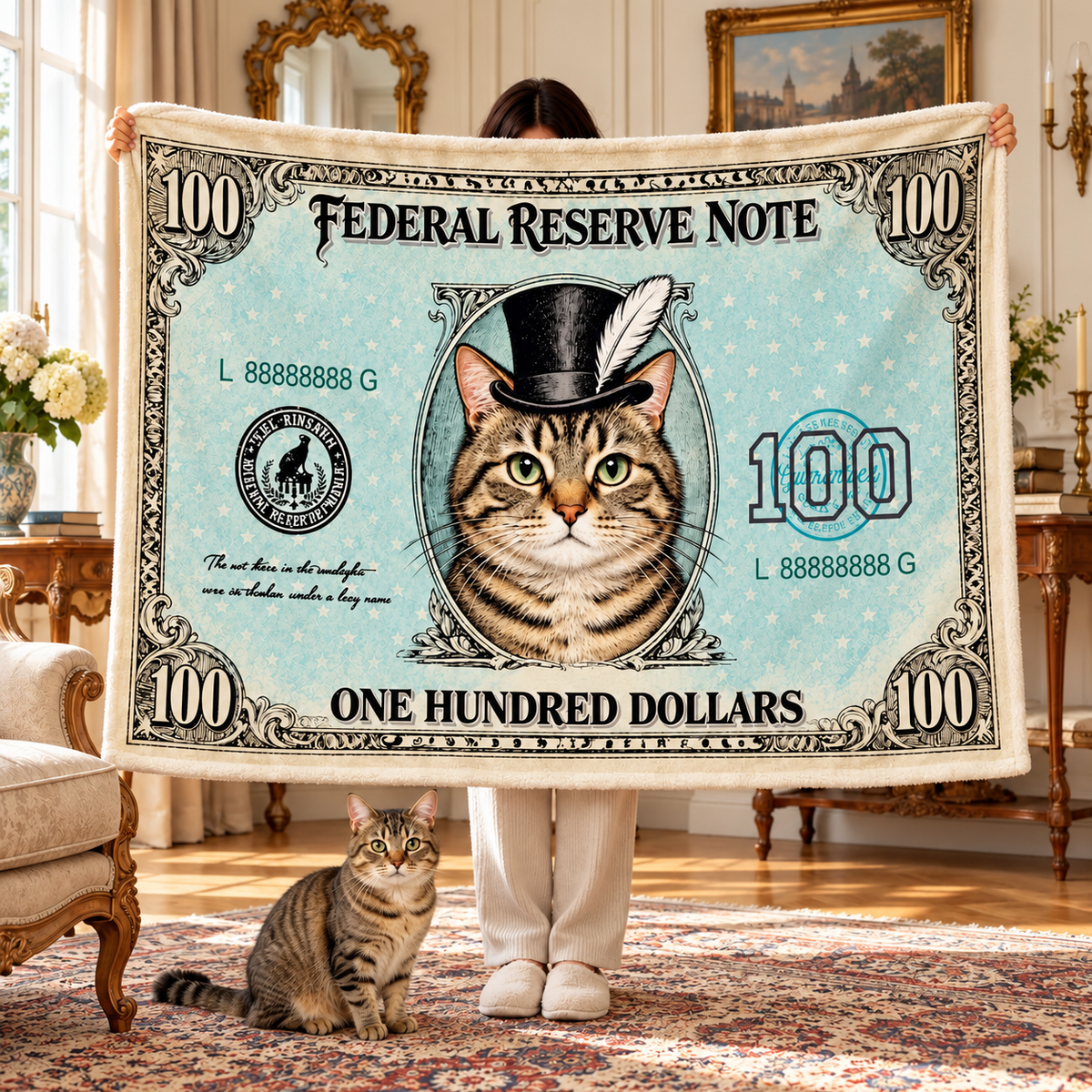 Cat and Dog Money Print Fleece Blanket, Novelty Pet Banknote Throw with 20+ Artwork Choices, Soft Cozy Blanket for Sofa, Bed and Travel