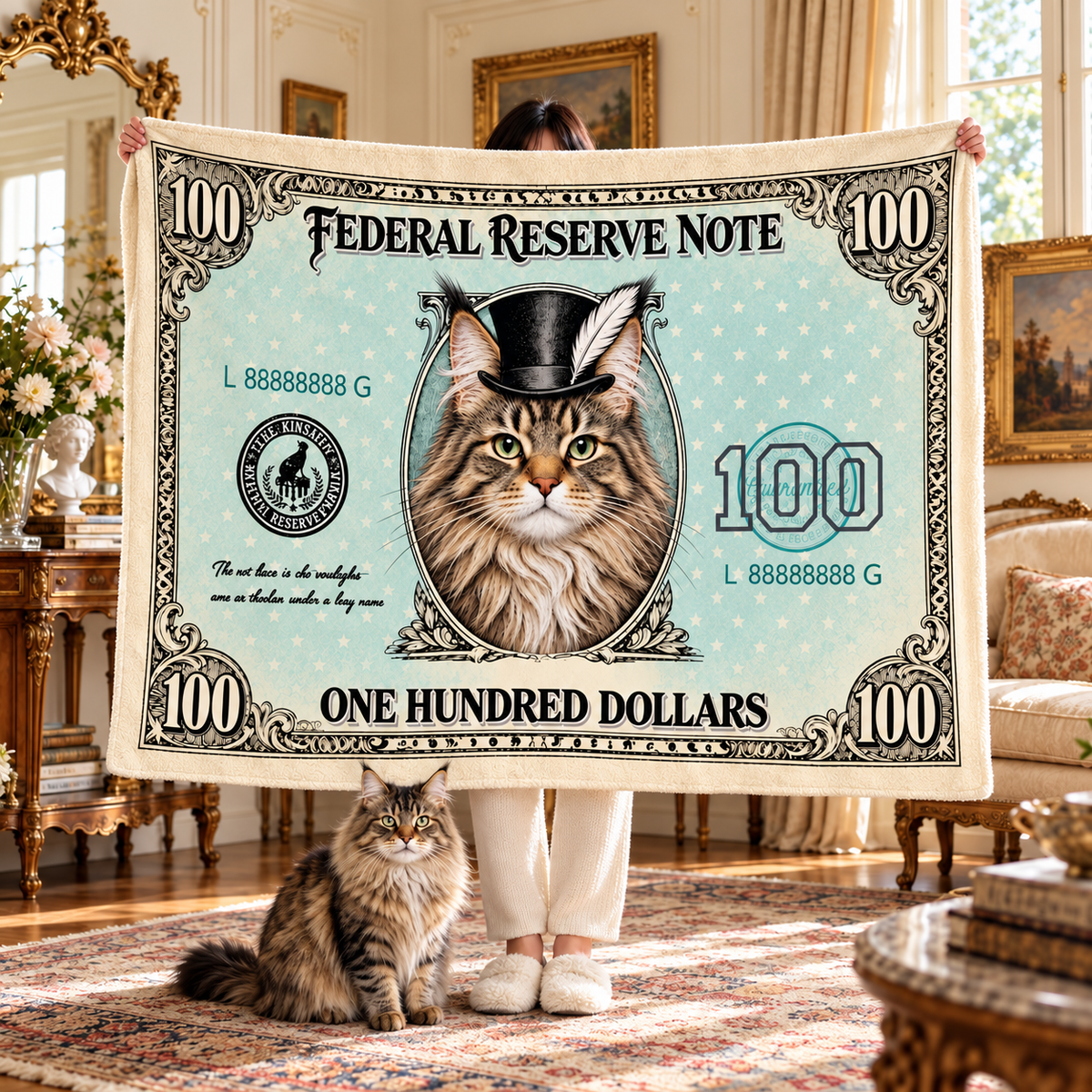 Cat and Dog Money Print Fleece Blanket, Novelty Pet Banknote Throw with 20+ Artwork Choices, Soft Cozy Blanket for Sofa, Bed and Travel