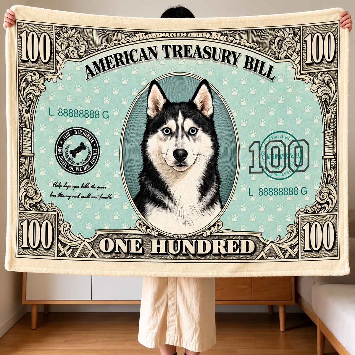 Cat and Dog Money Print Fleece Blanket, Novelty Pet Banknote Throw with 20+ Artwork Choices, Soft Cozy Blanket for Sofa, Bed and Travel