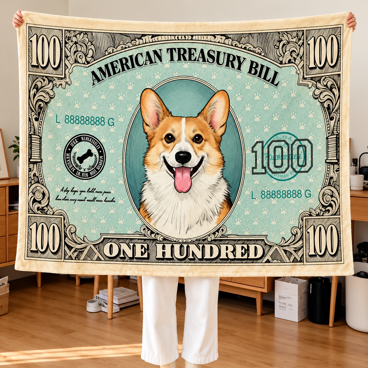Cat and Dog Money Print Fleece Blanket, Novelty Pet Banknote Throw with 20+ Artwork Choices, Soft Cozy Blanket for Sofa, Bed and Travel