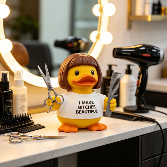 Funny Hairstylist Rubber Duck Style Resin Figurine - "I Make Bitches Beautiful" Hair Stylist Desk Decor & Salon Decor - Cute Hairdresser Cosmetologist Gift for Women, Barber Shop Decor, 3.35 Inch