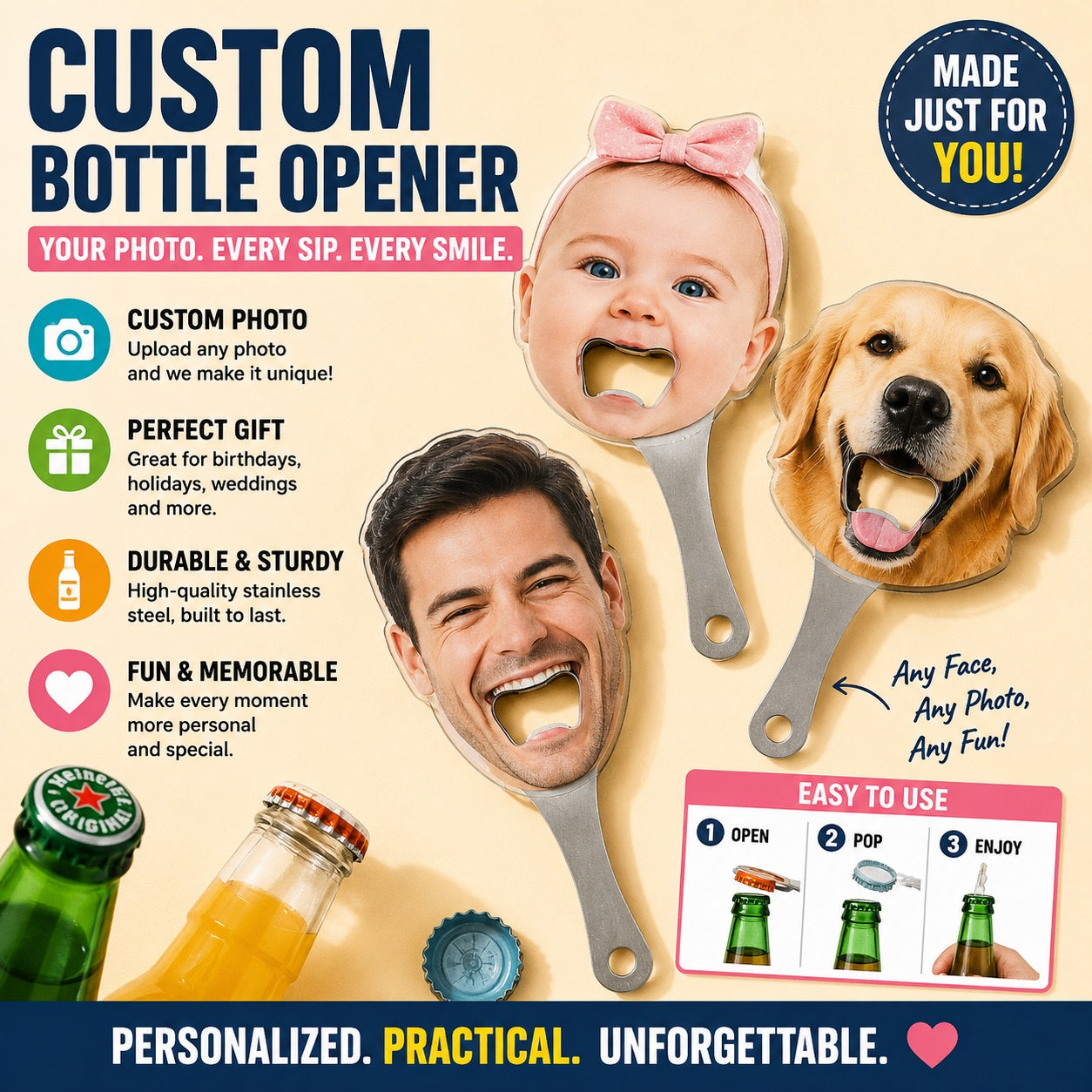 Personalized Bottle Opener with Custom Photo, Funny Custom Face Beer Bottle Opener, Upload Your Picture, Unique Gift for Men Women, Birthday, Anniversary, Wedding & Party