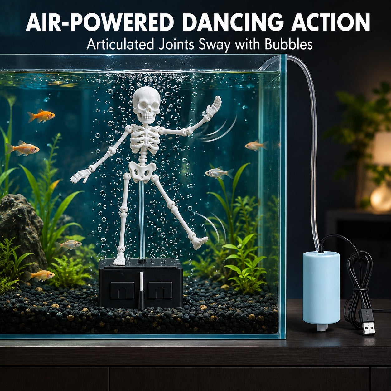 Dancing Skeleton Aquarium Ornament with USB Air Pump, 3D Printed Articulated Fish Tank Bubbler, Air-Powered Moving Skeleton Decor with Airline Tubing, Approx. 5.5 Inch