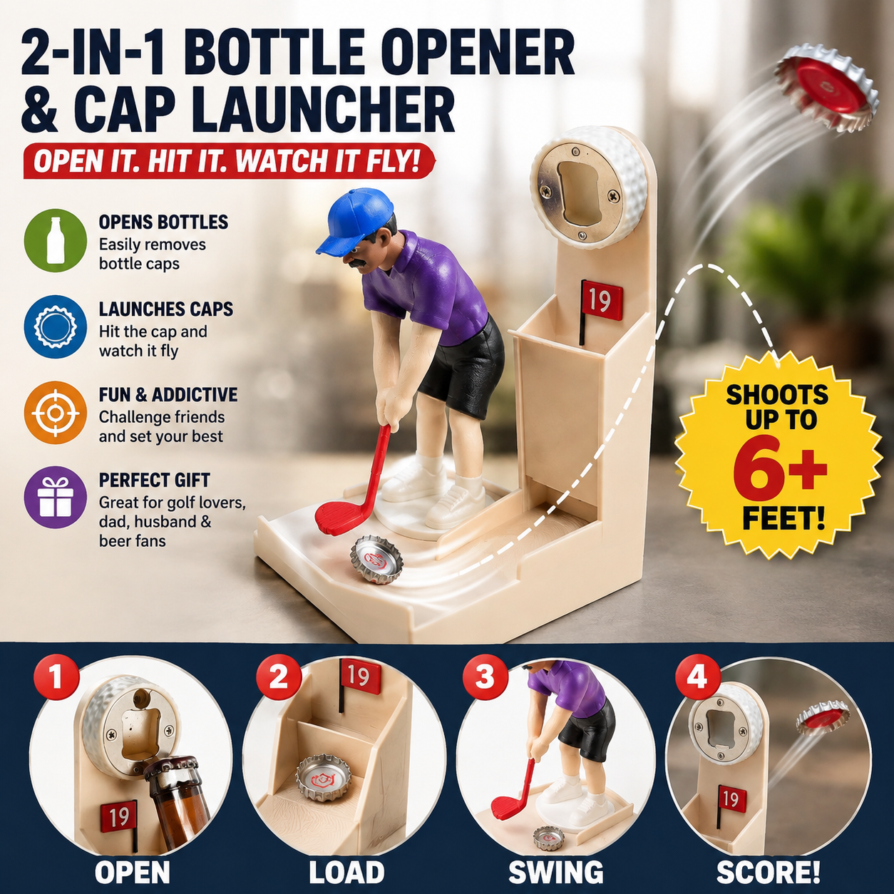 Sports Bottle Opener & Bottle Cap Launcher, Funny Beer Cap Shooting Game with Character Figurine, Novelty Bar Accessory, Unique Gifts for Men, Dad, Husband, Sports & Golf Lovers