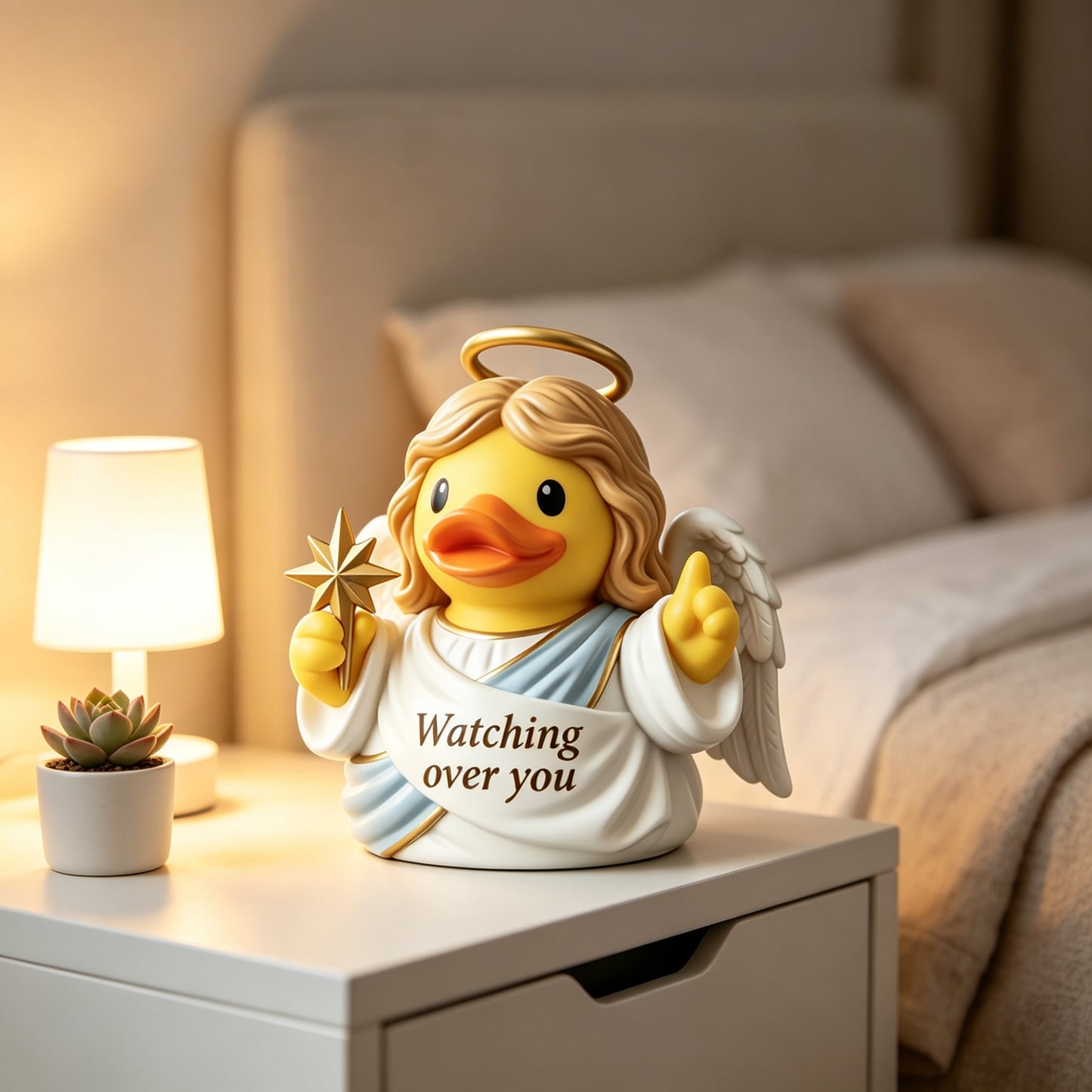Guardian Angel Rubber Duck Figurine, 3.5" Religious Resin Statue with "Watching Over You", Cute Christian Home Decor for Nightstand Desk, Baptism Birthday Gift