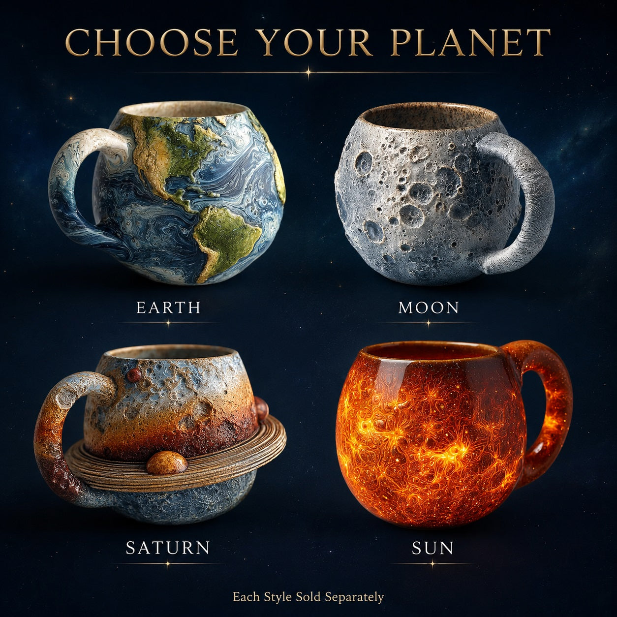 Planet Resin Craft Mug, 3D Celestial Cup with Textured Earth Moon Saturn or Sun Design, 5.1 Inch Space-Themed Decorative Mug, Astronomy Desk Decor and Gift for Space Lovers