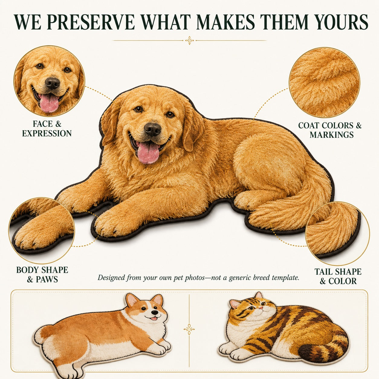 Custom Pet Rug from Photo, Personalized Dog or Cat Shaped Bathroom Mat, Realistic 3D Faux-Cashmere Feel, Non-Slip Machine-Washable Pet Portrait Floor Mat