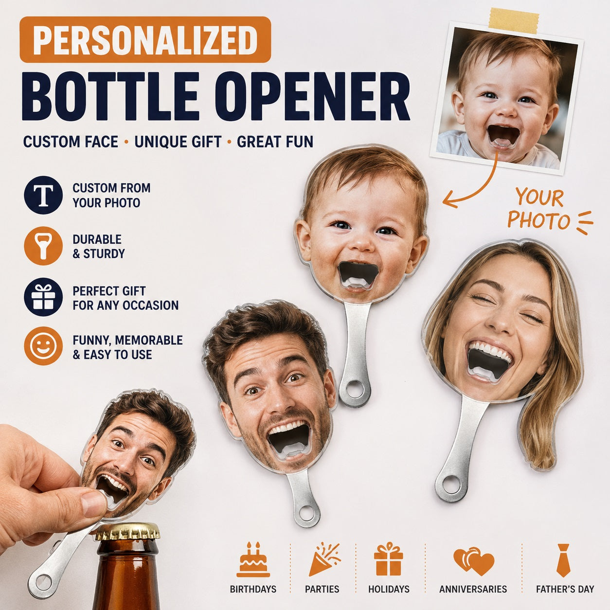 Personalized Bottle Opener with Custom Photo, Funny Custom Face Beer Bottle Opener, Upload Your Picture, Unique Gift for Men Women, Birthday, Anniversary, Wedding & Party