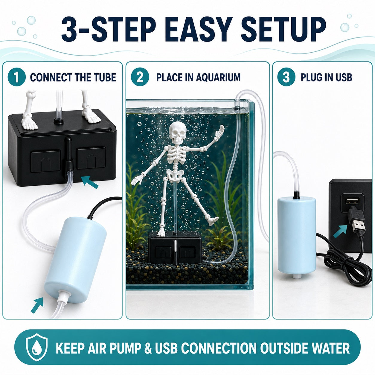 Dancing Skeleton Aquarium Ornament with USB Air Pump, 3D Printed Articulated Fish Tank Bubbler, Air-Powered Moving Skeleton Decor with Airline Tubing, Approx. 5.5 Inch