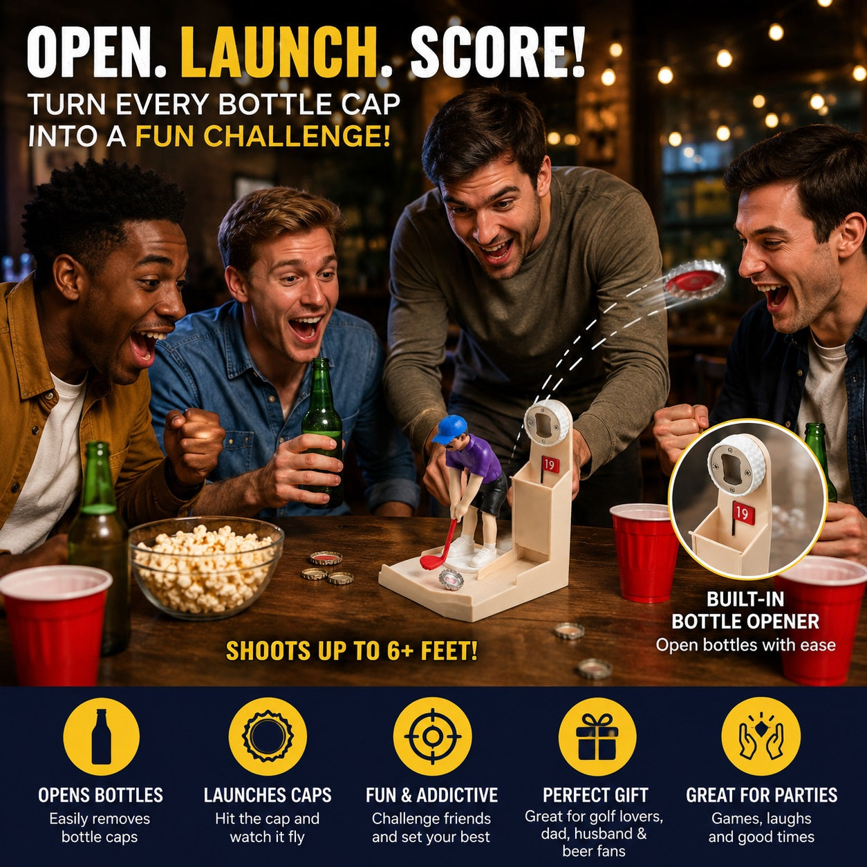 Sports Bottle Opener & Bottle Cap Launcher, Funny Beer Cap Shooting Game with Character Figurine, Novelty Bar Accessory, Unique Gifts for Men, Dad, Husband, Sports & Golf Lovers