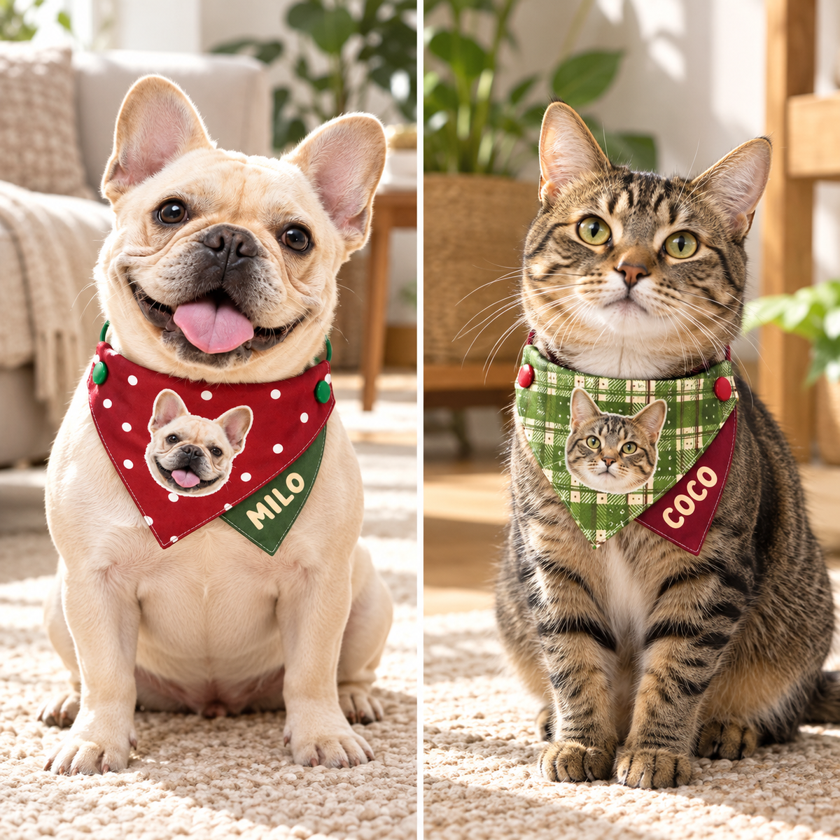 Personalized Pet Bandana with Photo and Name, Custom Dog or Cat Face Neck Scarf with Optional Hidden Phone Number, Adjustable Two-Layer Triangle Bandana