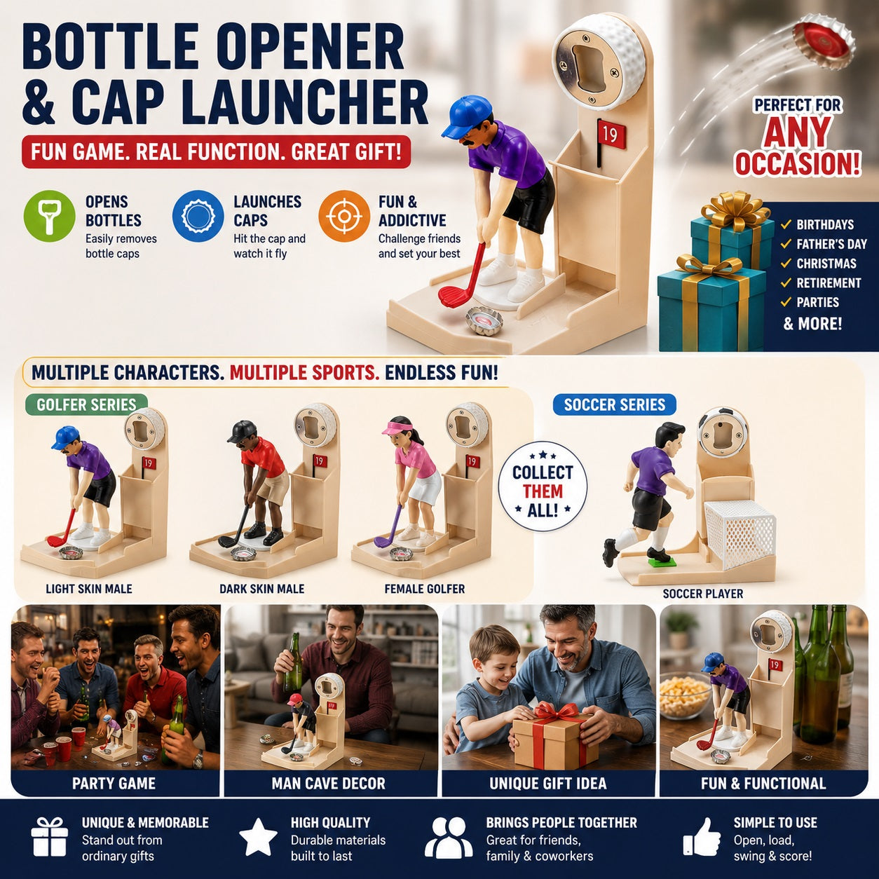 Sports Bottle Opener & Bottle Cap Launcher, Funny Beer Cap Shooting Game with Character Figurine, Novelty Bar Accessory, Unique Gifts for Men, Dad, Husband, Sports & Golf Lovers