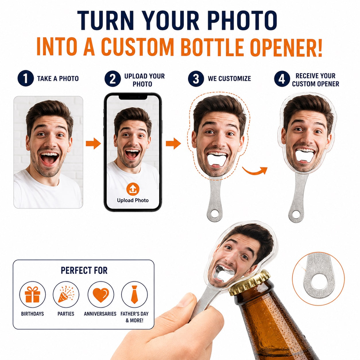 Personalized Bottle Opener with Custom Photo, Funny Custom Face Beer Bottle Opener, Upload Your Picture, Unique Gift for Men Women, Birthday, Anniversary, Wedding & Party