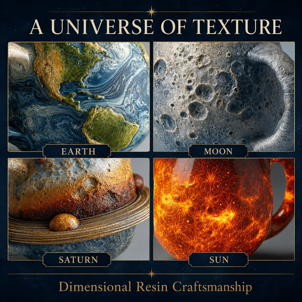 Planet Resin Craft Mug, 3D Celestial Cup with Textured Earth Moon Saturn or Sun Design, 5.1 Inch Space-Themed Decorative Mug, Astronomy Desk Decor and Gift for Space Lovers